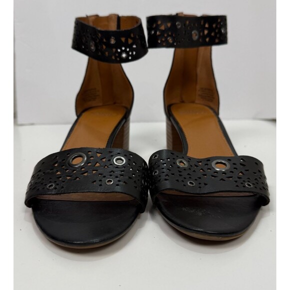 Franco Sarto Fidela Sandal 8.5 Black Leather Block Heel Ankle Strap Cut Out Shoe - Picture 2 of 10